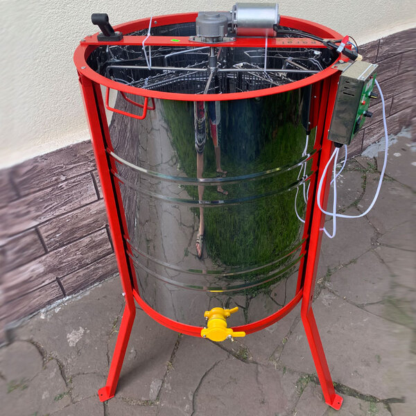 Медогонка 4х рамочная поворотная нержавеющая AISI 430 с электроприводом 12в. Кассета сварная с подставкой 