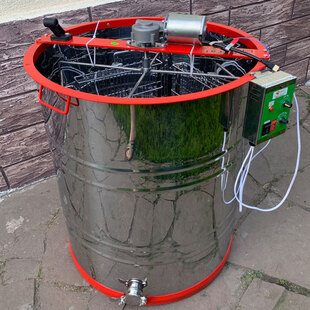 Медогонка 4х рамочная нержавеющая AISI 304 РКС с эл. приводом 12в (кассета и ротор сварные нж), кран нж